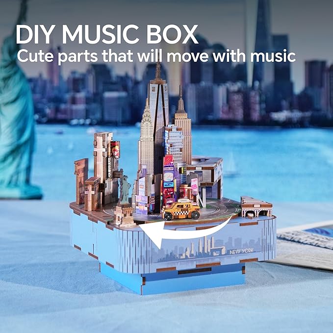 Tonecheer Wooden Music Box Puzzle for Adults,DIY Rotating Music Box Kit 3D Creative Musical Puzzle Crafts Model Building Kits Desk Decor for Teens Kids Birthday Gift (New York Music Box)