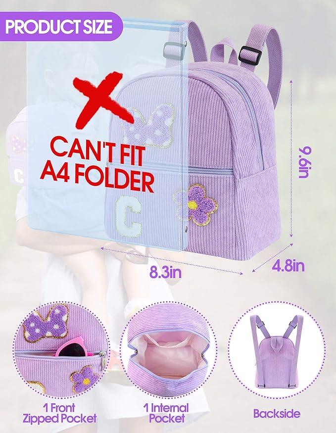 2 3 4 5 6 Year Old Girl Gifts Chenille Initial Mouse Bow Mini Backpack, Corduroy Toddler Backpacks Christmas Birthday Gifts for Girls 2-4 5-6, Purple Mini Diaper Bag Must Haves for Park Travel C