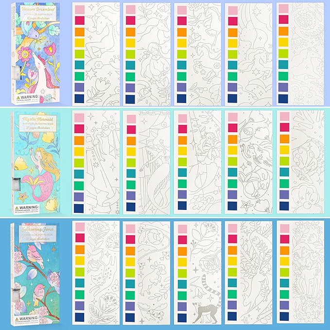 Watercolor Painting Coloring Books Pocket Watercolor Paint Bookmarks, Mess Free Paint with Water Set, Travel Activities Art Party Favors Exchange Birthday Gifts for Kids (3in1)
