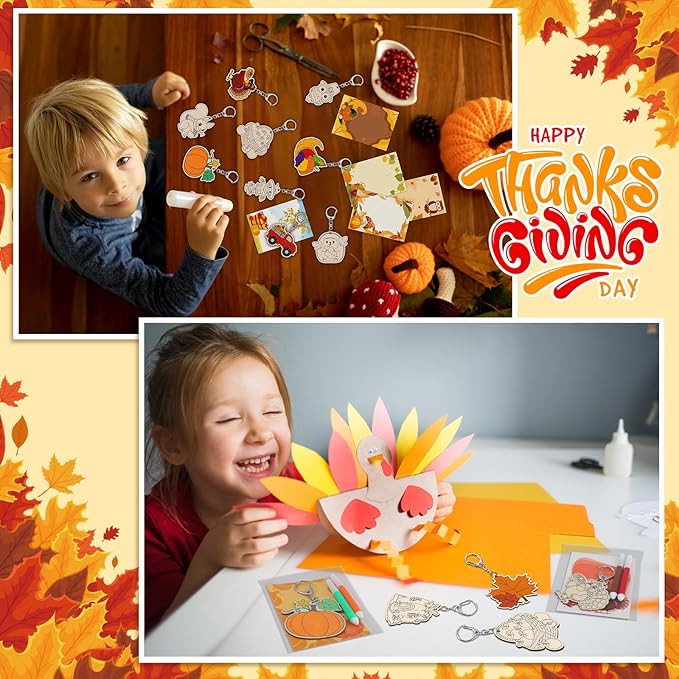 24 Sets Fall Thanksgiving Party Favors Autumn Unfinished Wooden Keychains Gifts Coloring Turkey Pumpkin Fall Leaves Scarecrow DIY Home Crafts for Thanksgiving Party Holiday Activities