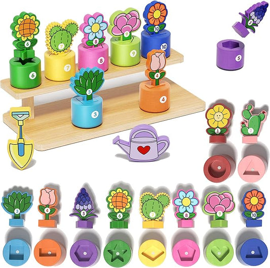GJZZ Montessori Shape and Color Sorting Toys - Wooden Pretend Play Gardening Set with Stand for 2 3 Year Old Girls Boys, Number Cognition for Toddler Kids, Fine Motor Skills