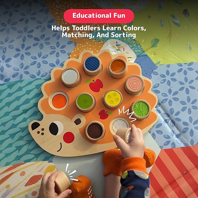 PREXTEX Sensory Hedgehog Toys for Toddlers - Montessori Color Sorting Toys - Includes 1 Wooden Board and 10 Colored Sensory Blocks - for Ages 12 Months and Up - Educational Toy - 1.5x12.9x10.7 in