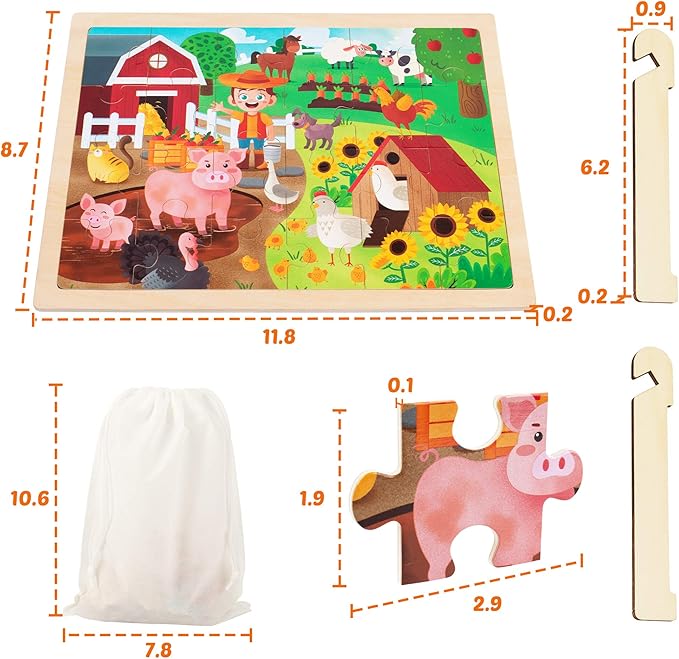 SYNARRY 24 Pieces Puzzles for Kids Ages 3-5, Farm Wooden Jigsaw Puzzles with Storage Tray, Educational Preschool Puzzles Toys Set for Toddler Boys and Girls