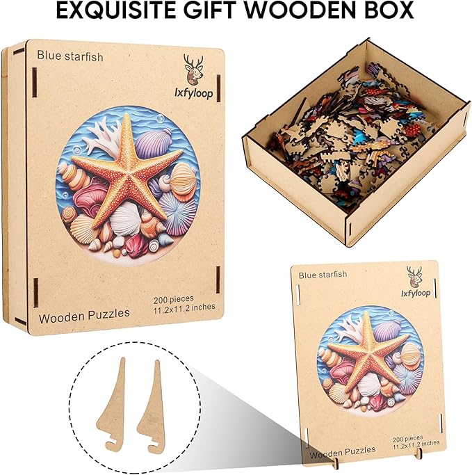 Wooden Puzzles for Adults, Blue Starfish Jigsaw Puzzles, Unique Adult Puzzles 200 Pieces, Wooden Toys Best Gift for Adults and Kids Family Brain Game, 11.2x11.2 inch