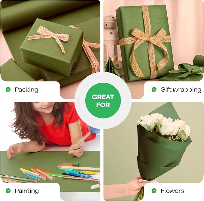 Green Kraft Paper Roll 18" x 2160" (180 feet) - USA-Made Craft Paper for School, Gift Wrapping, Moving & Packing - High-Density Kraft Material for Art by IDL Packaging