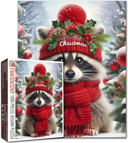 1000 Piece Jigsaw Puzzles for Adults Raccoon Wearing Christmas Hat Jigsaw Puzzle Winter Scene 1000 Pieces Puzzles Family Fun Game Christmas Animal Decor DIY Craft Bedroom Decor Wildlife Puzzle Art