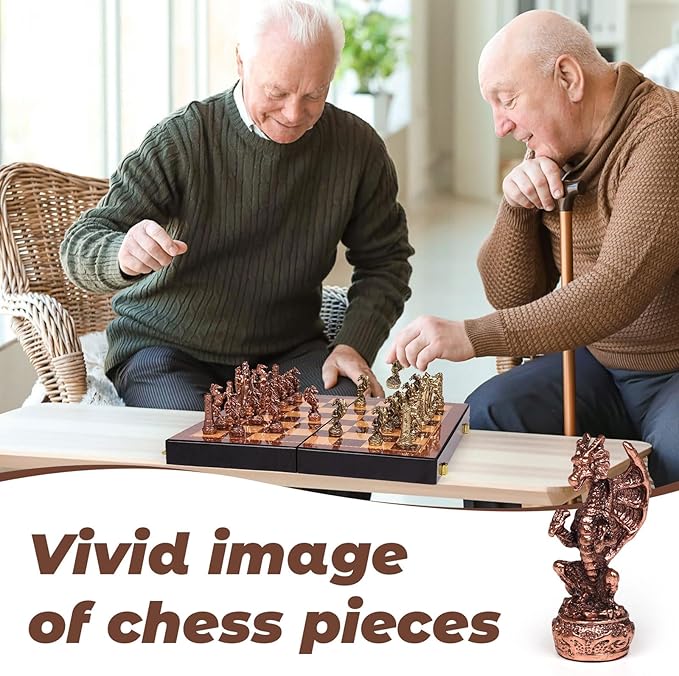 Vintage Figurine Chess Set for Adults and Kids - Wooden Board With Metal Pieces - Travel Chess Set - Collectible Elegant Game - Family Vintage Board Game