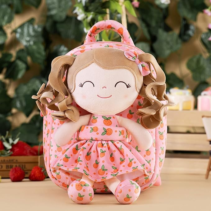 Gloveleya Toddler Backpack Baby Girl Gifts Curly Hair Plush Figures Dress Backpack Kids Backpack Curly Hair Spring Girl Fruit Section-Orange 9inches