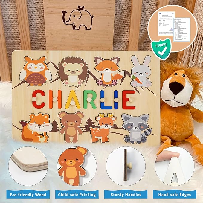 Personalized Name Puzzle for Kids, Custom Baby Gifts for Toddler 1-3, Customized 1st Birthday for Girls & Boys Wooden Animal Puzzle Montessor Toys for Kids