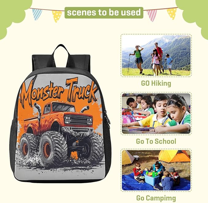 Monster Truck Gray Toddler Backpack for Boys Girls 3-6 Bookbag for Preschool Small Kindergarten Elementary Backpackss for Kids for Travel