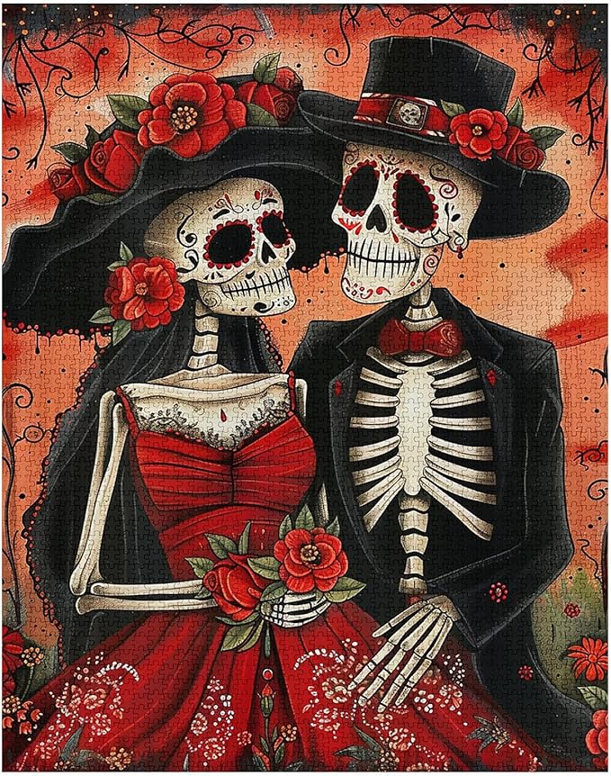 Tucocoo Skeleton Couple Jigsaw Puzzle 1000 Pieces Puzzles for Adults, Day of The Dead Style Flowers Art Puzzles for Challenging Family Activity Games Colorful DIY Craft Puzzle for Home Decor Gifts