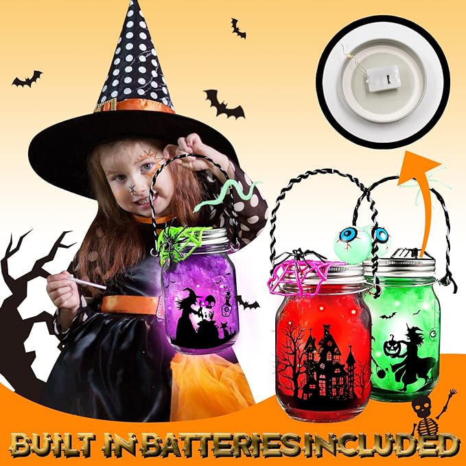 Shemira Halloween Craft Kit - 6pc Glass Mason Jar DIY Lantern Kit, Party Supplies for Kids