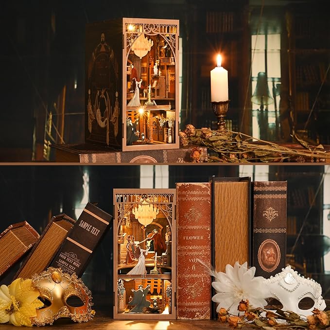 DIY Book Nook Kit for Adults, 3D Wooden Puzzle Bookend Bookshelf Insert Decor with LED Light and Dust Cover (Phantom of The Opera)