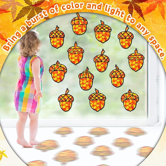 32 Sets Pine Cones Suncatchers Craft Kit DIY Window Stained Glass Effect Fall Autumn Pine Cones Paper Craft Home School Classroom Decoration Kid Birthday Gift Creative Art Project Activity Game