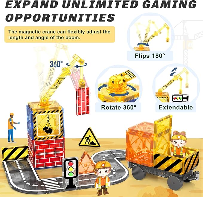 Kids Games Magnetic Tiles Road Set with Extendable Magnetic Crane, City Construction Building Toys for Toddlers STEM Preschool Ages 4-6 5-7, Gifts for 3+ Year Old Boys Girls Kids Toys with Car