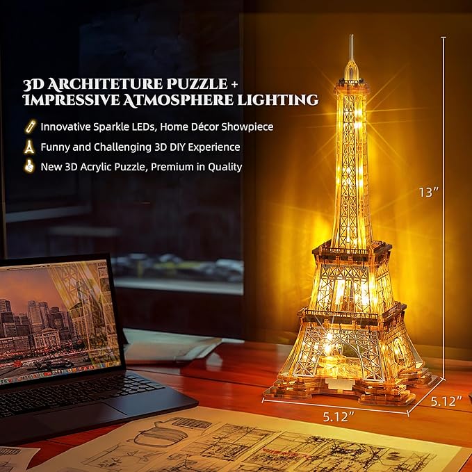 LED 3D Puzzle Eiffel Tower Building Model - 3D Architecture Building Model - Landmark of Paris at Night - 3D Acrylic Puzzle Décor Lamp DIY Ornament Nightlight(Standard,Gold)