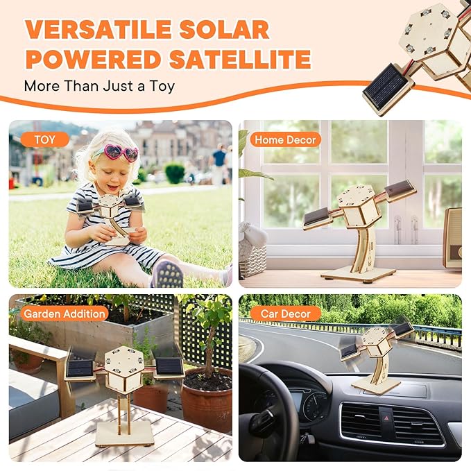 DIY Rotating Solar Satellite - 3D Wooden Puzzle Building Toy.STEM Educational Science Craft Model Kit for Kids.Creative Artificial Satellite Space Model.