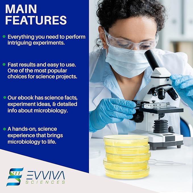 Evviva Sciences Nutrient Agar Petri Dishes Science Project Kit, Pre-Poured Agar Plates for Science Experiments, with Experiment eBook (Yellow)
