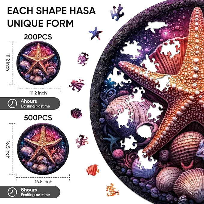 Wooden Puzzles for Adults, Colorful Starfish Jigsaw Puzzles, Unique Adult Puzzles 200pcs, Wood Toys Puzzles Best Gift for Adults and Kids Family Brain Game 11.2x11.2 inch