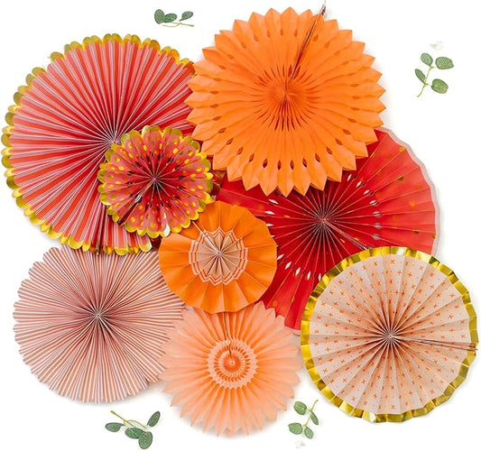 PapaKit Origami Wall Decoration Set (8 Assorted Round Paper Fans) Birthday Party Baby Shower Wedding Events Decor | Creative Art Design Pattern (Bright Orange Bloom with Metallic Gold Accent)