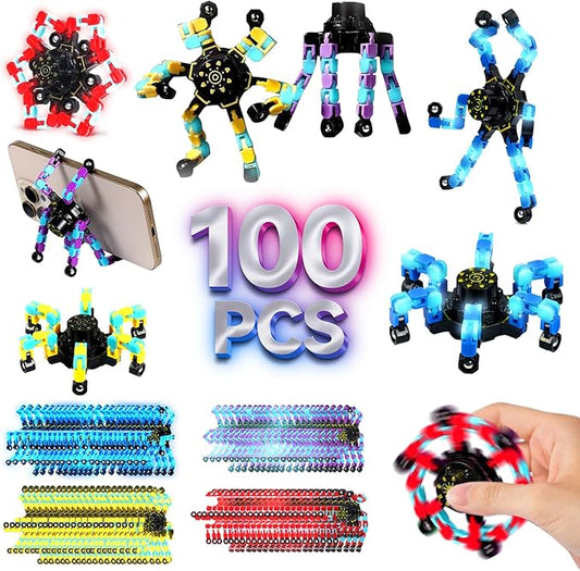 100PCS Glow Fidget Toys Bulk Transformable Fidget Spinner Party Gifts Travel Sensory Toys for Easter Basket Stuffers Birthday Party Favours School Rewards