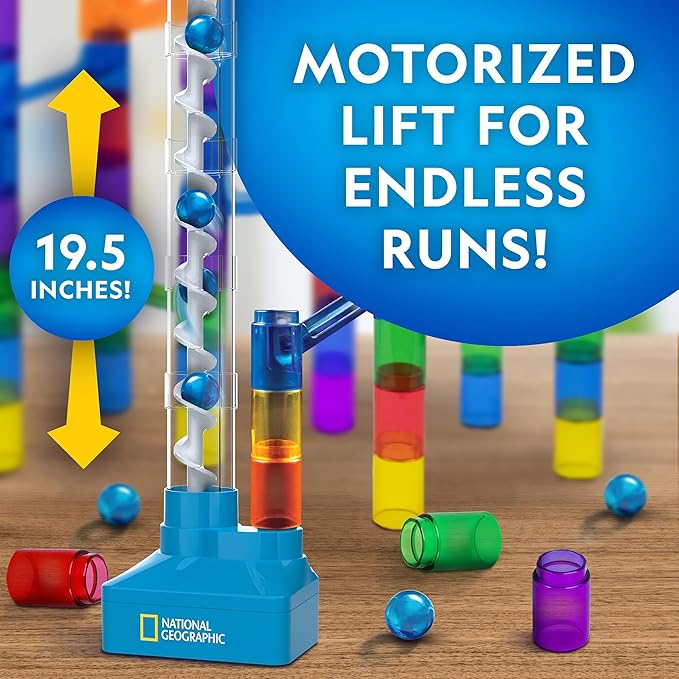 National Geographic Marble Run with Motorized Elevator - 150-Piece Marble Maze Kit with Motorized Spiral Lift, 30 Marbles, Storage Bag & More, Perpetual Motion Machine, Kids Physics Toys