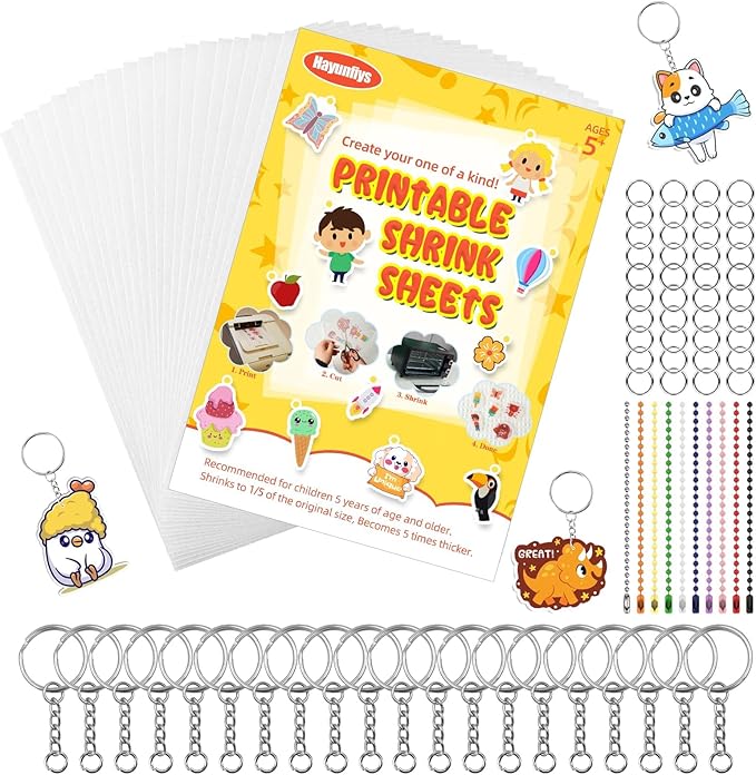 Hayunfiys 150 Pcs Shrink Sheet Set Shrink Paper Keychain Set with 20 Pieces of Shrinkage Paper 130 PCS Keychain and Open Iron Ring for Kids Creative Craft Markers, DIY Jewelry or Creative Crafts
