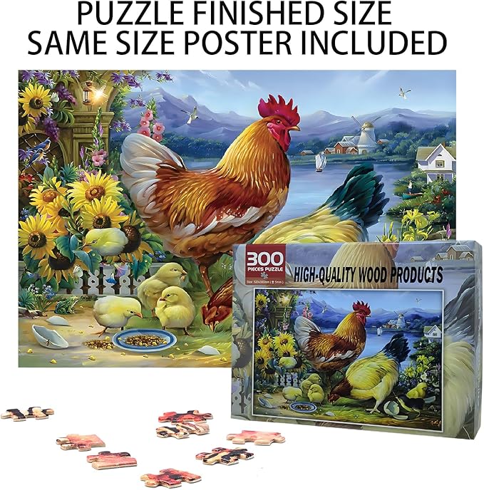 300 Big Pieces Puzzle.The Rooster Family.Wooden Puzzle, Stress Relief Toys Children's Learning Supplies Toys Parenting Games Gifts Jigsaw Size: 20.5x15 inches and 1:1 Original Picture Poster