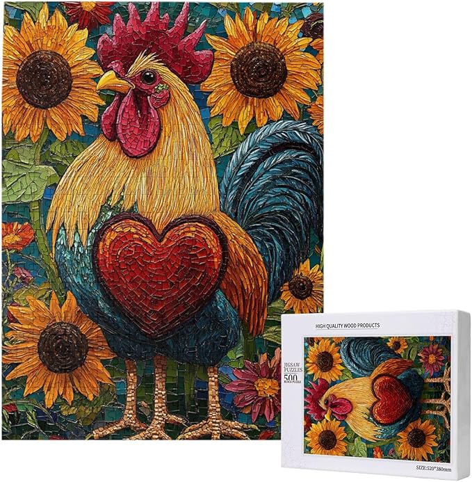 500 Piece Wooden Puzzle for Adults,The Art of Chickens and Hearts in Sunflowers,Bold Farm Animal Artwork,Brain Training Challenge,Stress Relief Activity,Eco-Friendly Woodens Pieces