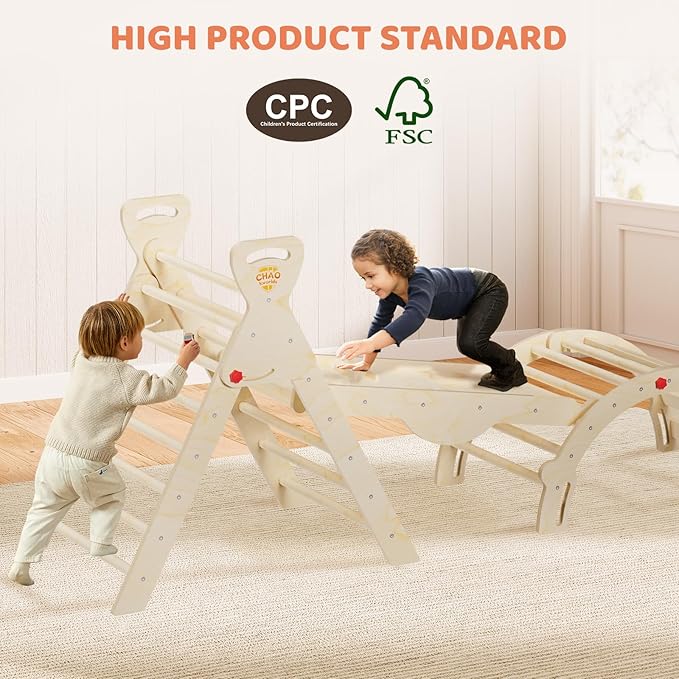 Pikler Triangle Set 7-in-1 Foldable Montessori Wooden Climbing Toys for Toddlers 1-5 Years Indoor Jungle Gym with Slide, Arch Ladder & Ramp Solid Wood Baby Activity Climber