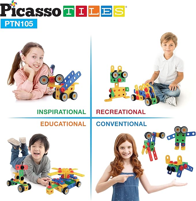 PicassoTiles STEM Learning Toys 105 Piece Building Block Set Kids Construction Engineering Kit Toy Blocks Children Early Education Playset w/IdeaBook, Power Drill, Clickable Ratchet, Age 3+ PTN105