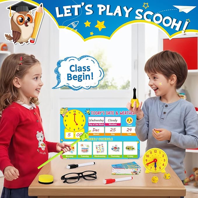 Pretend Play Teacher Set, Kids Pretend Teacher Playset with Whiteboard Learning Clock Magnetic Numbers and Map Puzzles, Pretend Play Teaching Toys Learning Education Toys for Kids