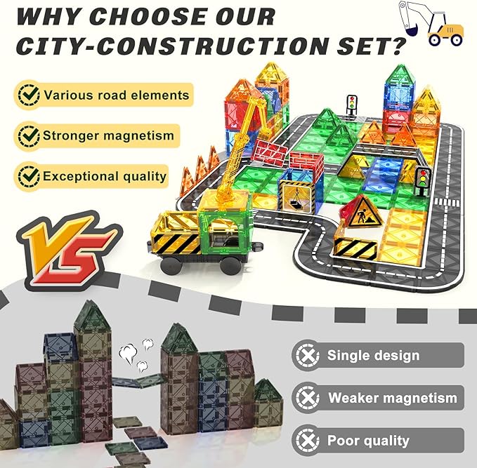Kids Games Magnetic Tiles Road Set with Extendable Magnetic Crane, City Construction Building Toys for Toddlers STEM Preschool Ages 4-6 5-7, Gifts for 3+ Year Old Boys Girls Kids Toys with Car