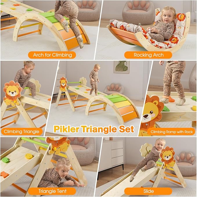 Pikler Triangle Set with Cushion, 7 in 1 Toddler Climbing Toys Indoor, Montessori Foldable Climbing Set, Wooden Climbing Toys for Toddlers 1-3 Inside with Ramp, Arch and Ladder (Lion)