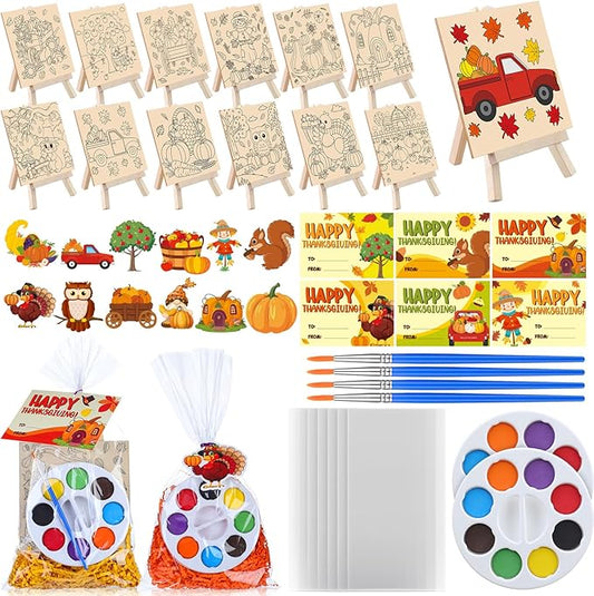 87 Pcs/12 Set Fall Thanksgiving Unfinished Wood Crafts Set Holiday Painting Gift Bulk Predrilled Wooden Ornaments Watercolor Paints with Cards Craft for Holiday Bags Party Supplies