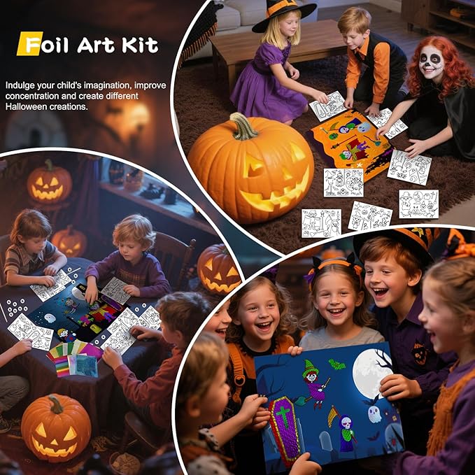 Halloween Foil Fun Crafts Kit for Kids - DIY Gifts Foil Art Mess Free Activity for Travel & Friends Party & Family Gatherings, Halloween Toys Gifts for Girls Boys Ages 4-13 (Witches Pumpkins)