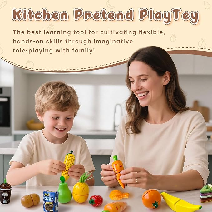 JBBRO Wooden Play Food, Wooden Toys Montessori Kitchen Tools for Toddlers 1-3, 46-Piece Realistic Cutting Set with Play Kitchen Accessories, Educational Pretend Food for Boys and Girls 18+ Months