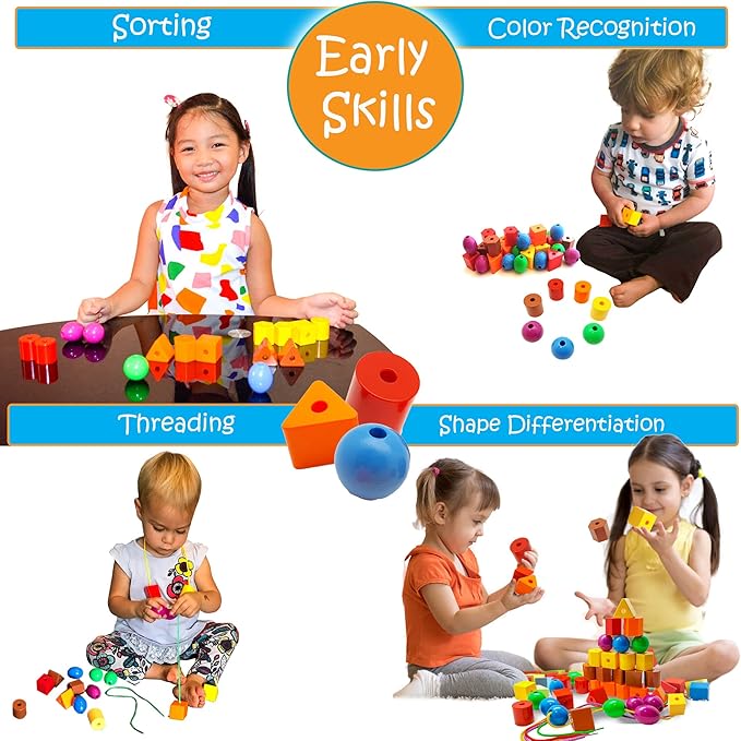 Skoolzy Rainbow Lacing Beads & Pegs - 71 Piece Color Recognition and Sorting Toys Montessori Sensory Bundle for Toddlers Over 36+ Months & Hands On Occupational Therapy Fine Motor Skills Games