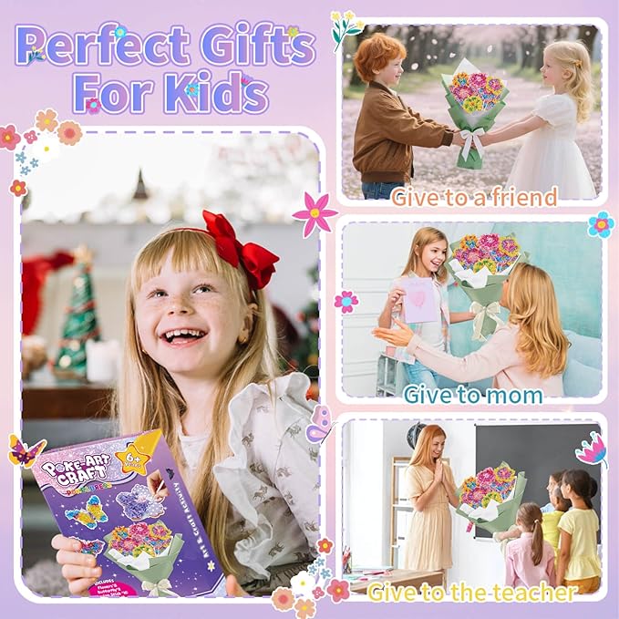 Britik Arts and Crafts for Kids Ages 8-12: Poke in Fun Art Kits for Girls, Poke Art Flower Bouquet Craft Kit, Fabric Arts for Kids DIY Flower Bouquet Kit Birthday Gift for Girls 8 9 10 11 12, Green