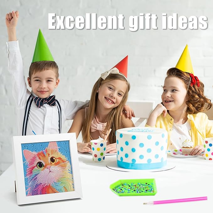 geesfayan Diamond Art Kits for Kids Ages 8-12,6 Inch DIY Gem Art Painting with 7 Inch Frame, Complete Starter Kit for Beginners, Creative Arts & Crafts Gift for Girls & Boys (Colorful Cat)