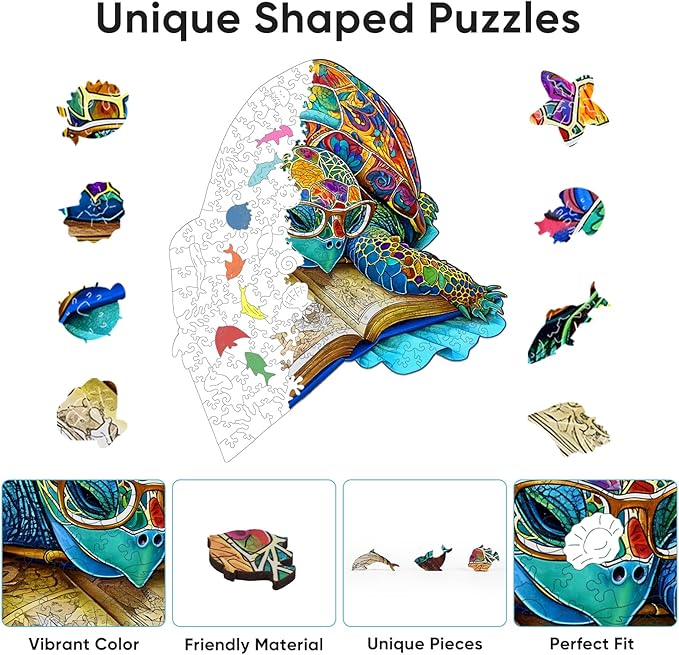 Wooden Puzzles for Adults, 501 Pieces Reading Turtle Wooden Jigsaw Puzzles, Animal Puzzle Unique Shaped Gift for Adults and Kids on Birthday Thanksgiving, Family Puzzle Games(16.2"*16.5'')