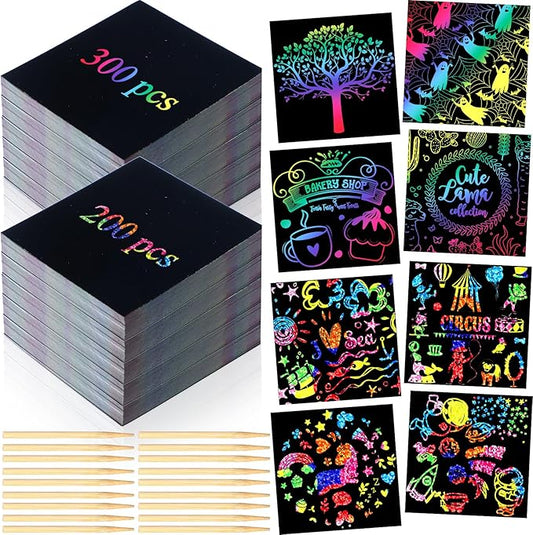 Lenwen 500 Pack Scratch Cards Rainbow Note Scratch Card with 20 Bamboo Stylus for Kids Paper DIY Paper Craft Kits Birthday Party Favors Supplies (Rainbow Mix,500)