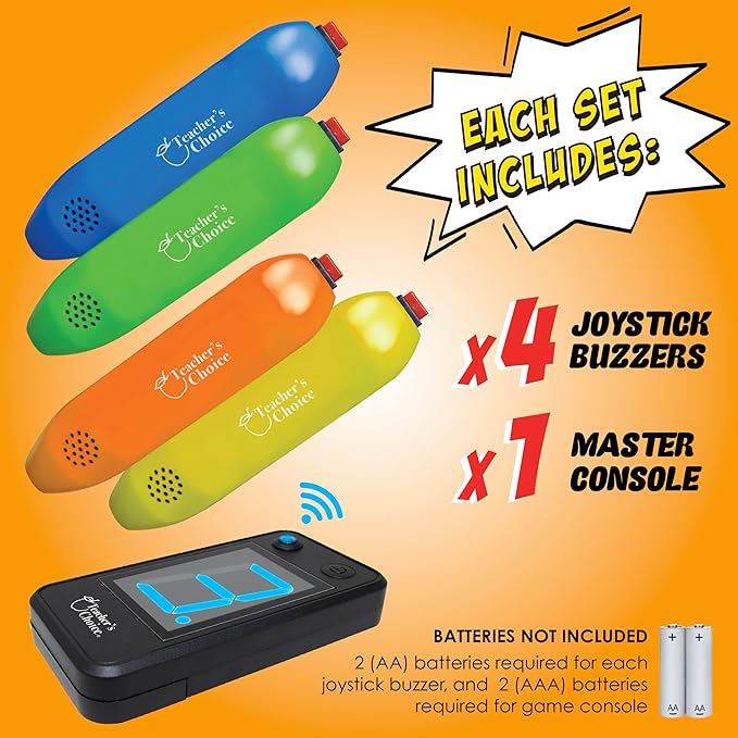 Teacher's Choice 4 Player Wireless Handheld Game Buzzer System - Displays First Buzz-in - Great for Jeopardy, Family Feud, Trivia and Buzzer Games - Console with 4 Joystick Buzzers, 4 Unique Sounds