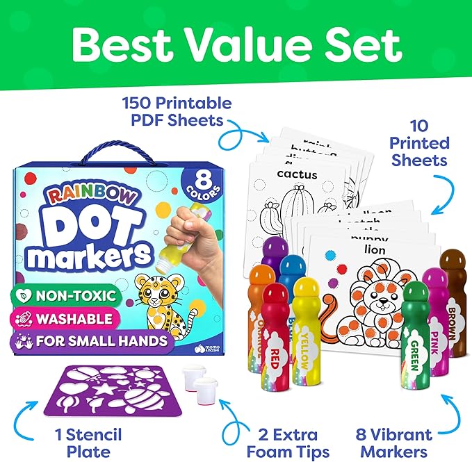 Dot Markers For Toddlers 1-3 - Dot Art Paints Washable For Kids - Includes Printed & PDF Coloring Sheets - Toddler Arts And Crafts - Preschool Learning Activities - Bingo Daubers For Toddlers 2-4