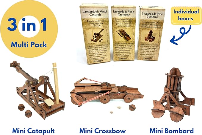 PATHFINDERS Leonardo Da Vinci weapons mini model kits catapult crossbow bombard set of 3 Engineering kits Educational Toys for Kids Science kit for Kids Age 8-10 10-12 stem Projects Wood Building Kits