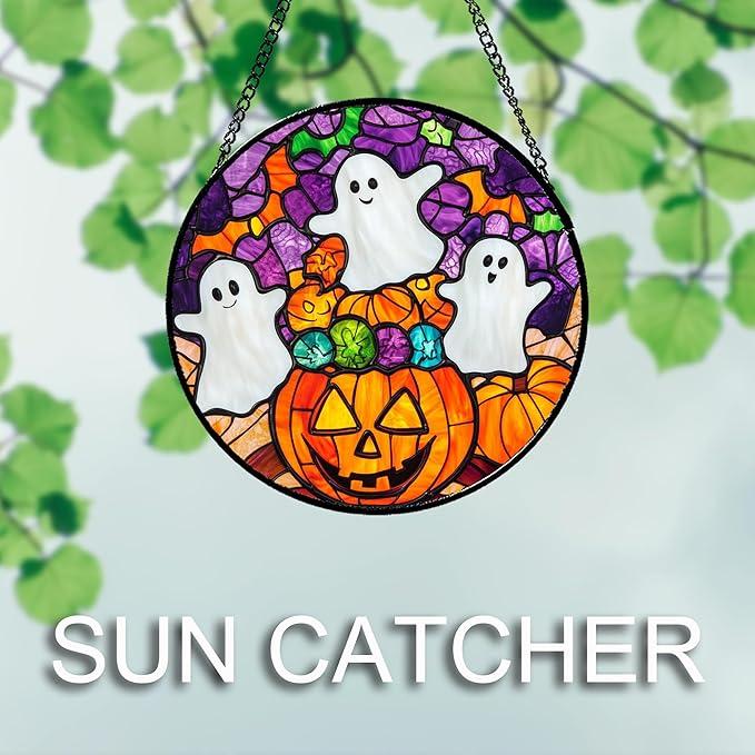 Stained Glass Window Hanging Halloween Horror Pumpkin White Ghost 15" - Suncatcher Door Garden Sunroom Gothic Style Sun Catcher Birthday for Friend Mom Men Woman Nana