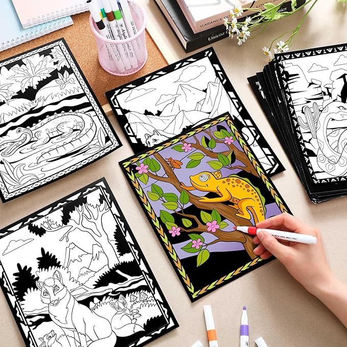 Zhanmai Pack of 48 Velvet Coloring Posters and Watercolor Pens National Parks Fuzzy Velvet Coloring Posters for Adults Teenagers Large Poster for Holiday Arts Crafts