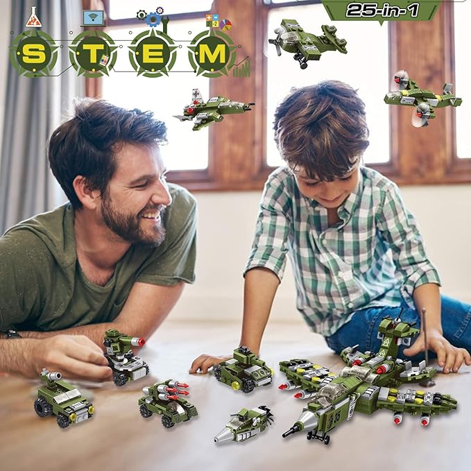 STEM Building Block Toys, 576PCS Military Engineering Building Bricks Toy for Kids, 25-in-1 Army Destroyer Fighter Tank Playset Construction Kits, Idea Toy Gifts for Age 6 7 8 9 10+ Years Old
