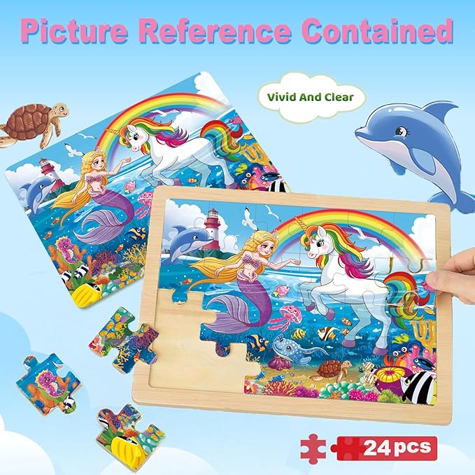 Wooden Puzzles for Kids Ages 4-6, Large 24 PCs Unicorn Mermaid Princess, Jigsaw Puzzles for Kids Ages 3-5, Preschool Educational Learning Toy for Boys and Girls