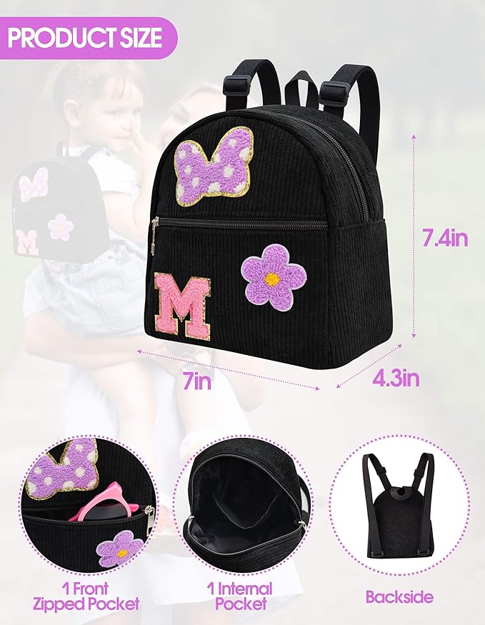 2 3 4 5 6 Year Old Girl Gifts Chenille Initial Mouse Bow Mini Backpack, Corduroy Toddler Backpacks Christmas Birthday Gifts for Girls 2-4 5-6, Black Mini Diaper Bag Must Haves for Park Travel Letter M
